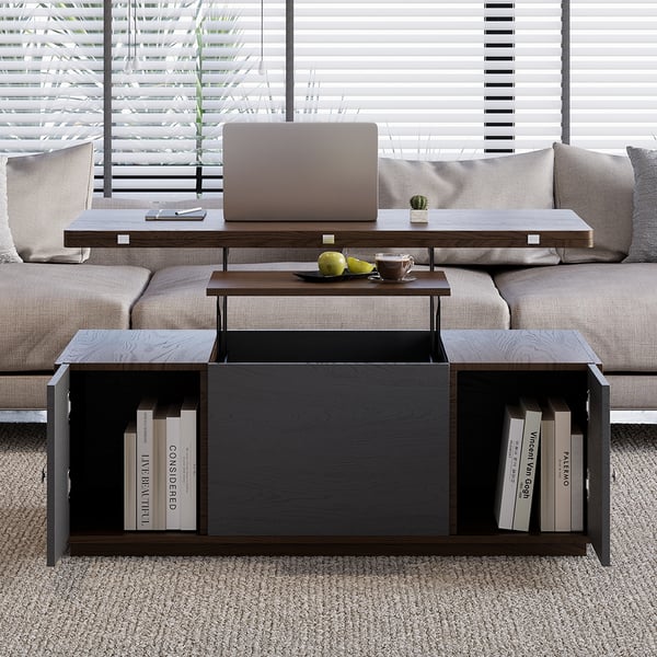 Modern Walnut Multi-functional Rectangle Lift-top Coffee Table Extendable with Storage