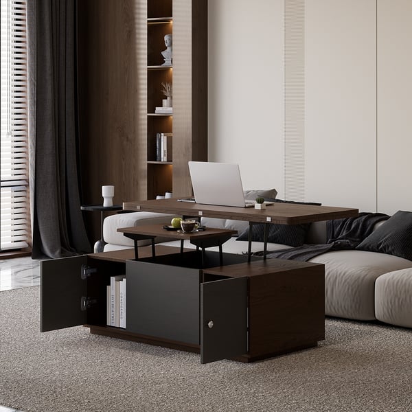 Modern Walnut Multi-functional Rectangle Lift-top Coffee Table Extendable with Storage