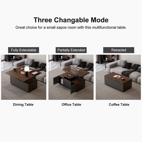 Modern Walnut Multi-functional Rectangle Lift-top Coffee Table Extendable with Storage