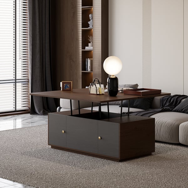 Modern Walnut Multi-functional Rectangle Lift-top Coffee Table Extendable with Storage