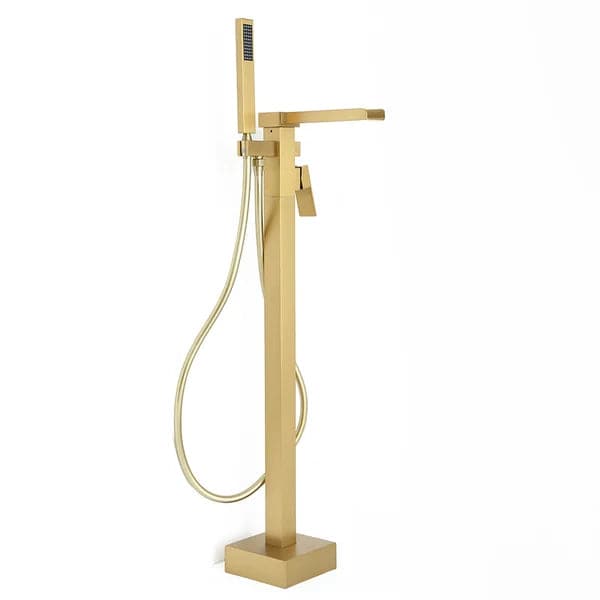 Modern Waterfall Bathroom Tub Filler Faucet with Handheld Spray Solid Brass Brushed Gold