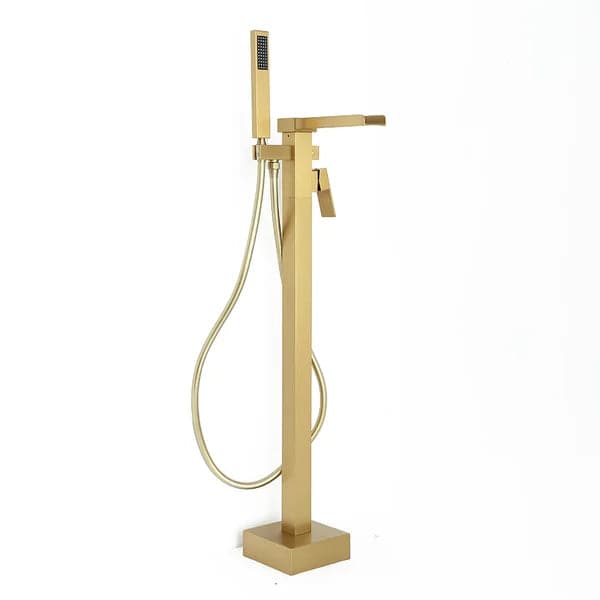 Modern Waterfall Bathroom Tub Filler Faucet with Handheld Spray Solid Brass Brushed Gold