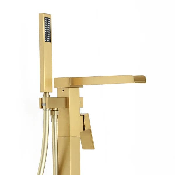 Modern Waterfall Bathroom Tub Filler Faucet with Handheld Spray Solid Brass Brushed Gold