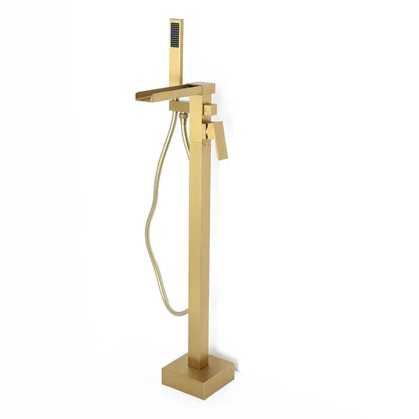 Modern Waterfall Bathroom Tub Filler Faucet with Handheld Spray Solid Brass Brushed Gold