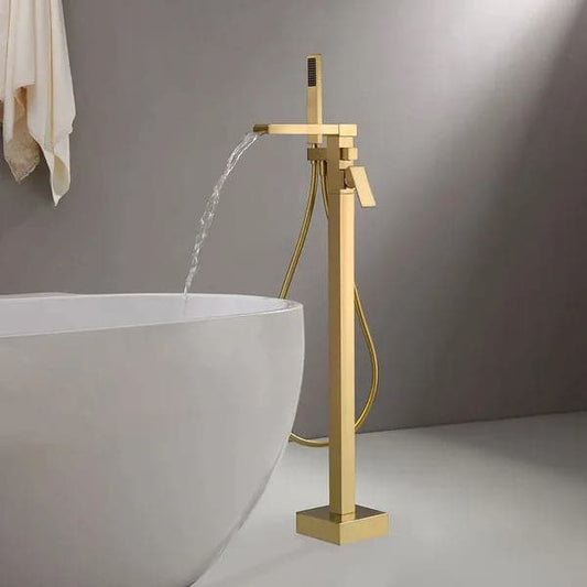 Robinet de remplissage de baignoire de salle de bains cascade moderne avec pulvérisation à main en laiton massif or brossé