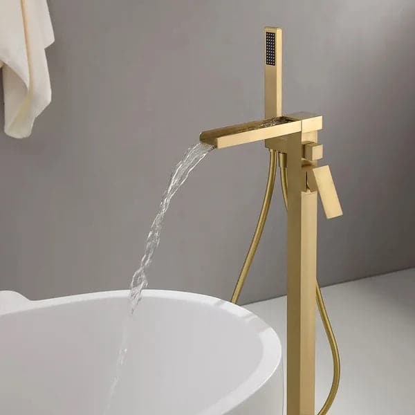 Modern Waterfall Bathroom Tub Filler Faucet with Handheld Spray Solid Brass Brushed Gold