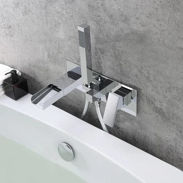 Modern Waterfall Wall-Mount Tub Filler Faucet & Handshower Chrome Solid Brass