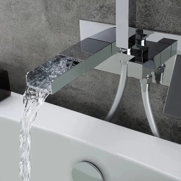 Modern Waterfall Wall-Mount Tub Filler Faucet & Handshower Chrome Solid Brass