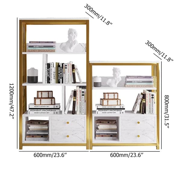 Modern White Bookshelf Wood Book Shelf with 2 Drawers in Gold Metal Frame