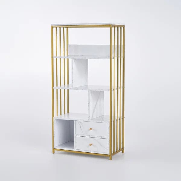 Modern White Bookshelf Wood Book Shelf with 2 Drawers in Gold Metal Frame