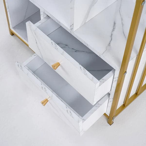 Modern White Bookshelf Wood Book Shelf with 2 Drawers in Gold Metal Frame