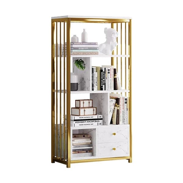 Modern White Bookshelf Wood Book Shelf with 2 Drawers in Gold Metal Frame