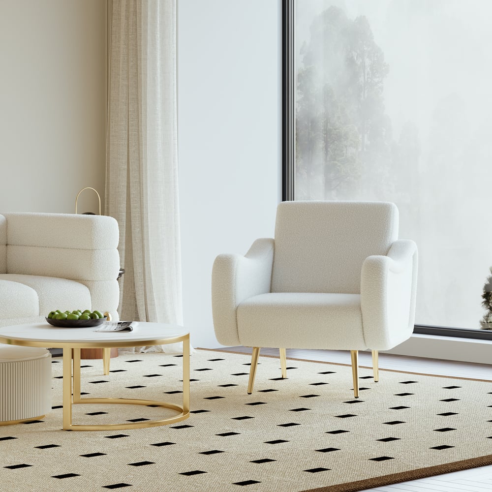 Modern White Boucle Accent Chair Armchair with Metal Leg in Gold