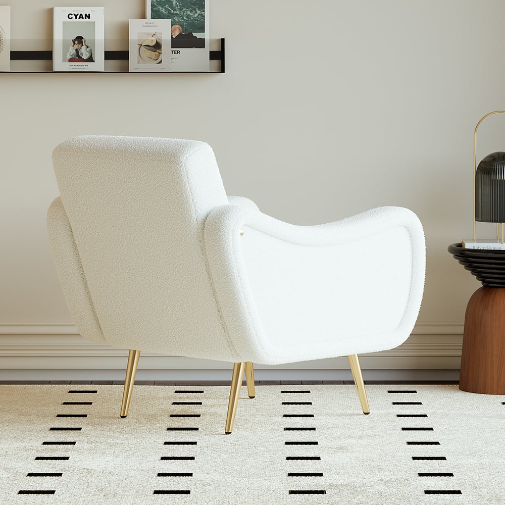 Modern White Boucle Accent Chair Armchair with Metal Leg in Gold