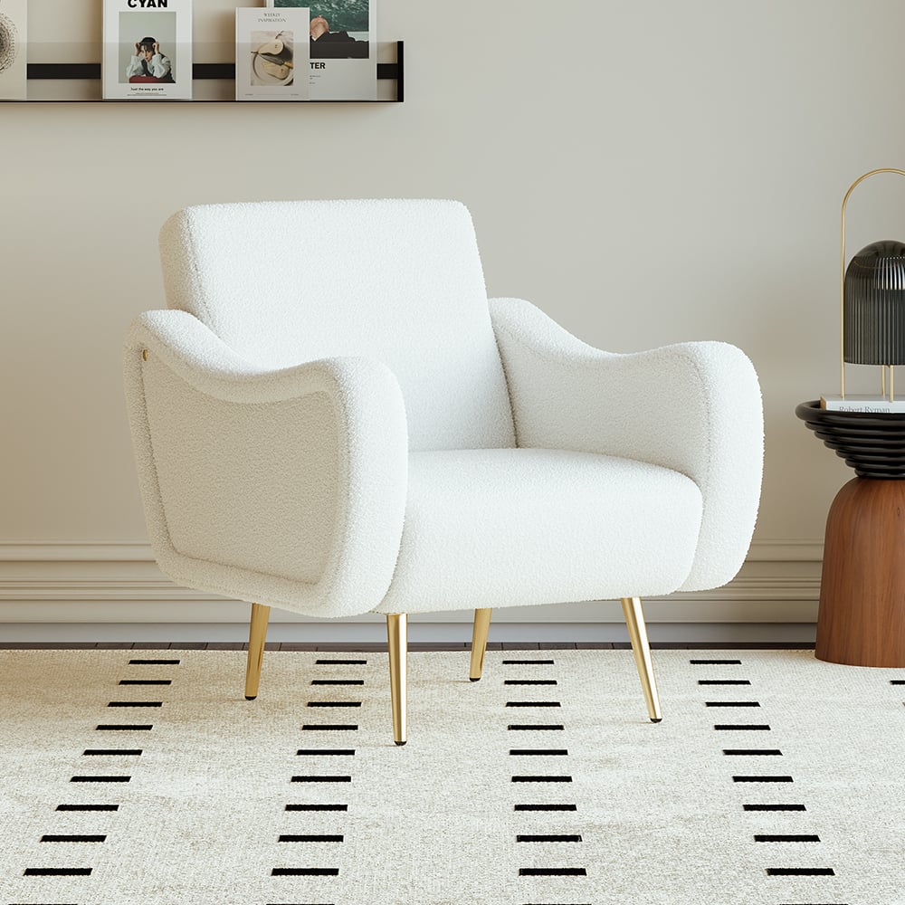 Modern White Boucle Accent Chair Armchair with Metal Leg in Gold