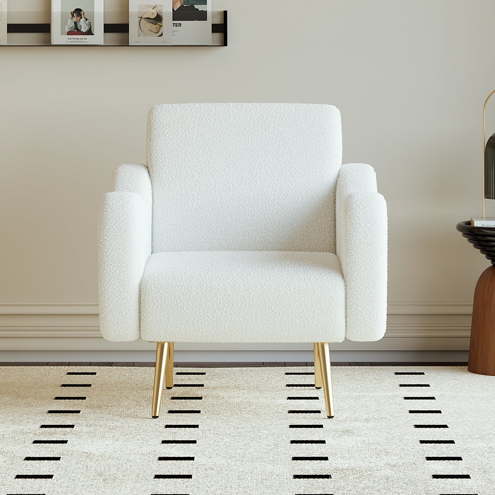 Modern White Boucle Accent Chair Armchair with Metal Leg in Gold