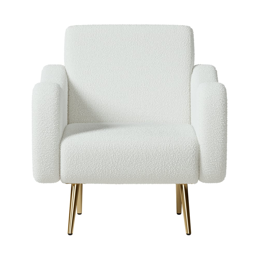 Modern White Boucle Accent Chair Armchair with Metal Leg in Gold