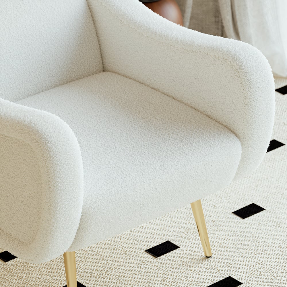 Modern White Boucle Accent Chair Armchair with Metal Leg in Gold