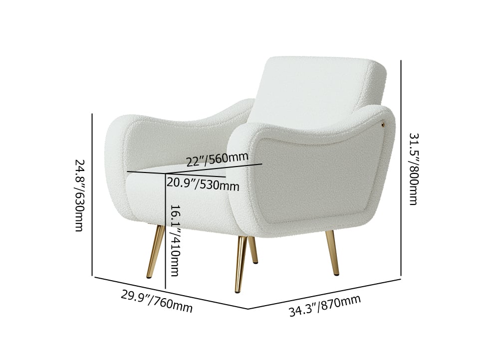 Modern White Boucle Accent Chair Armchair with Metal Leg in Gold