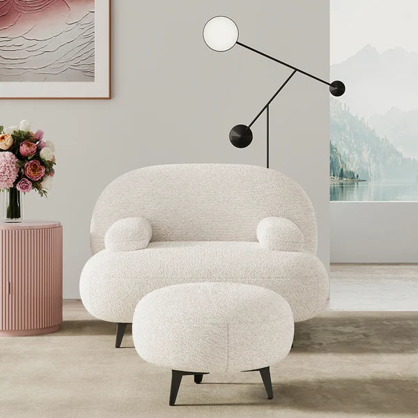 Chaise d'appoint moderne en boucle crème blanche avec pouf ottoman, chaise longue avec repose-pieds