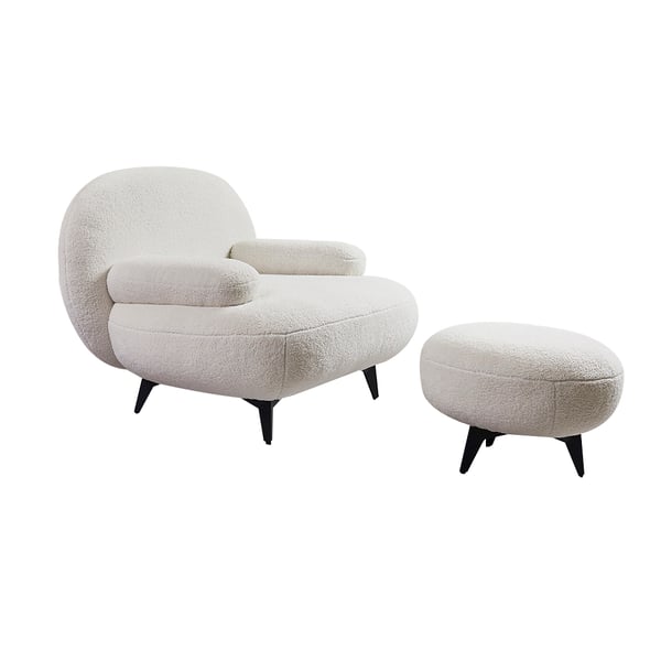Modern White Cream Boucle Accent Chair with Pouf Ottoman Set Lounge Chair with Footstool