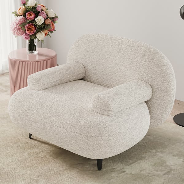 Chaise d'appoint moderne en boucle crème blanche avec pouf ottoman, chaise longue avec repose-pieds