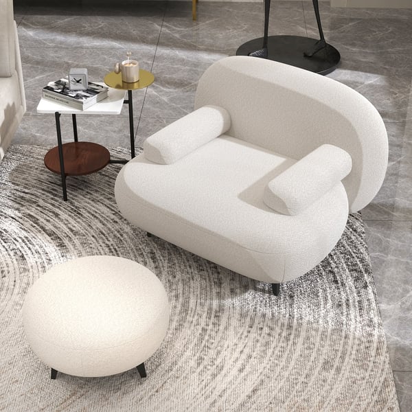 Modern White Cream Boucle Accent Chair with Pouf Ottoman Set Lounge Chair with Footstool