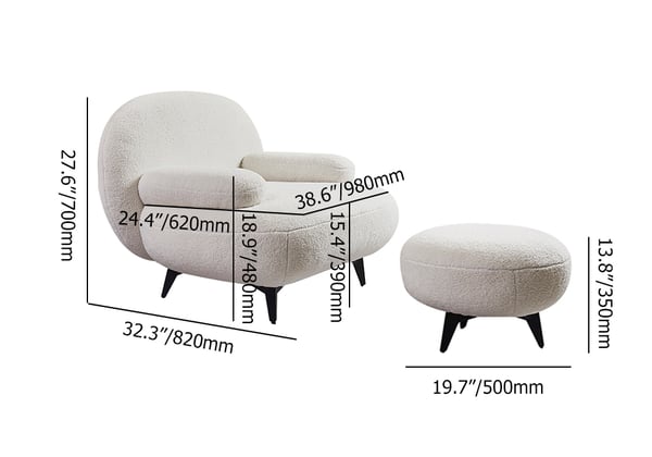 Modern White Cream Boucle Accent Chair with Pouf Ottoman Set Lounge Chair with Footstool