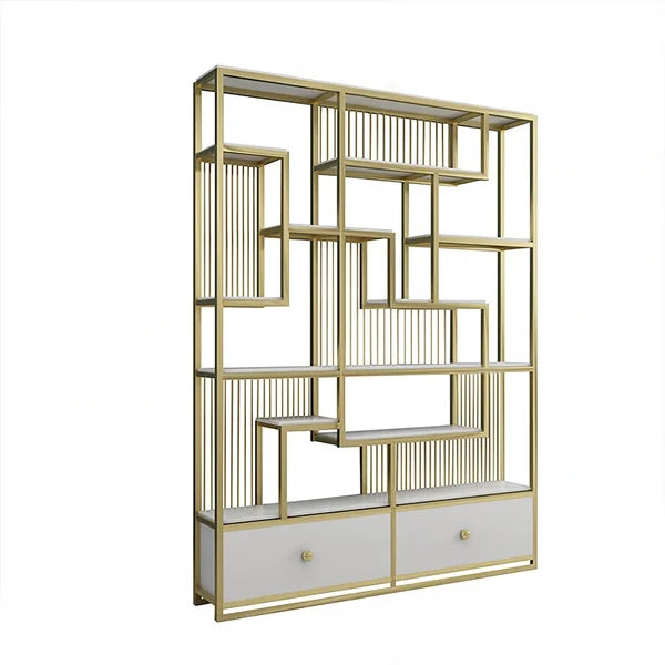 Modern White Etagere Bookshelf 47.2" Wooden Bookshelf with 2 Drawers