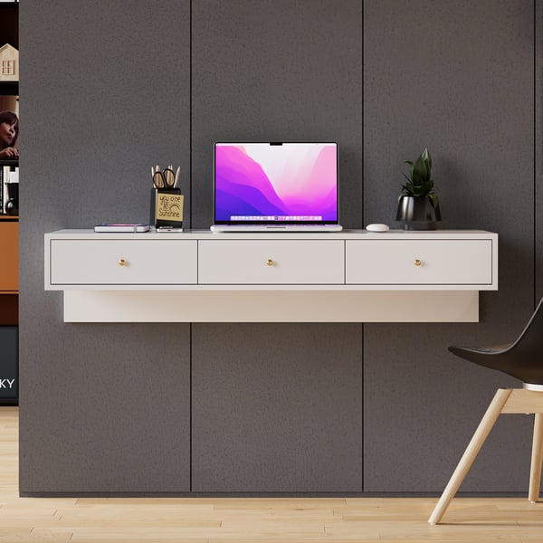 Modern White Floating Desk with Drawers Wall Mounted Desk in Pine Wood Frame