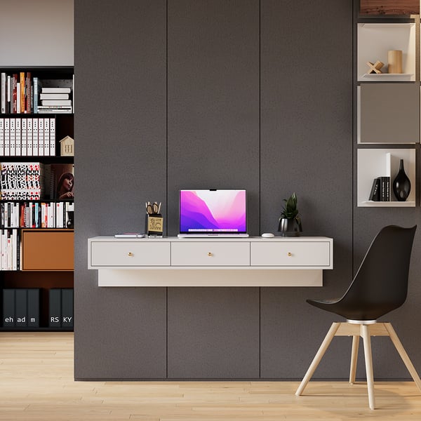 Modern White Floating Desk with Drawers Wall Mounted Desk in Pine Wood Frame