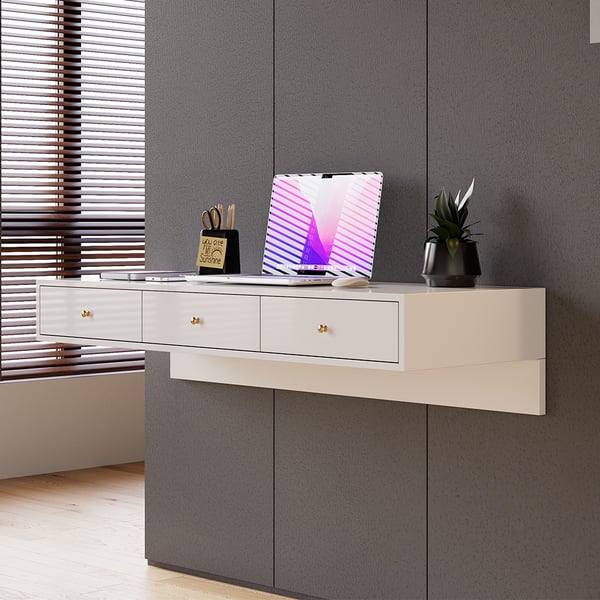 Modern White Floating Desk with Drawers Wall Mounted Desk in Pine Wood Frame