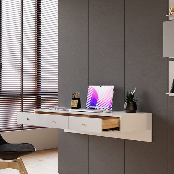 Modern White Floating Desk with Drawers Wall Mounted Desk in Pine Wood Frame