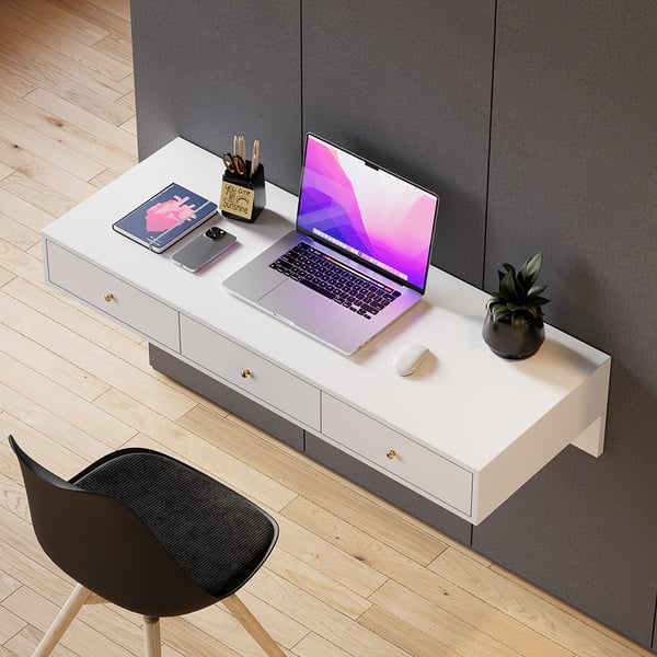 Modern White Floating Desk with Drawers Wall Mounted Desk in Pine Wood Frame