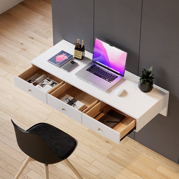 Modern White Floating Desk with Drawers Wall Mounted Desk in Pine Wood Frame