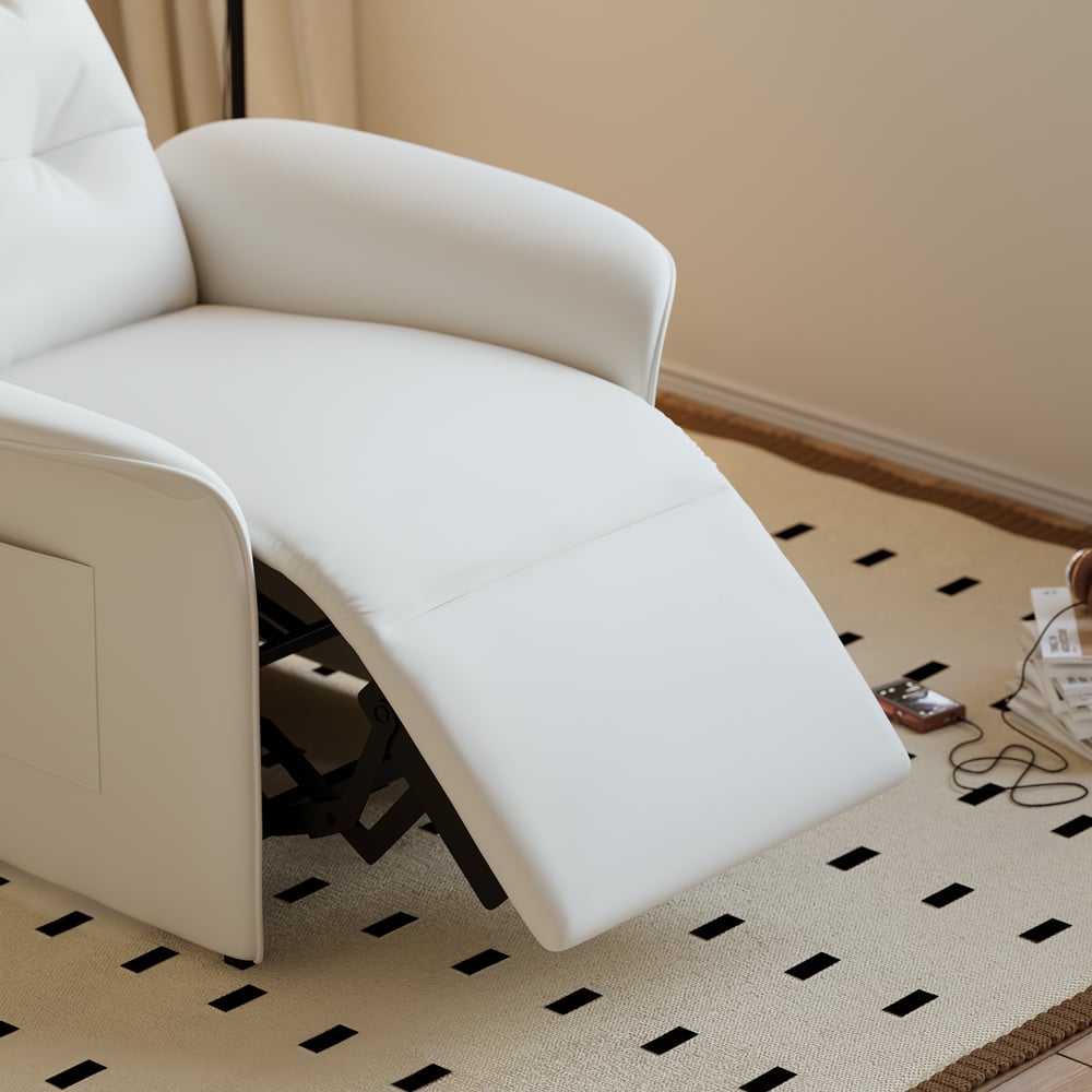 Modern White Leather Power Recliner High Back Sleeper Chair with Side Pocket