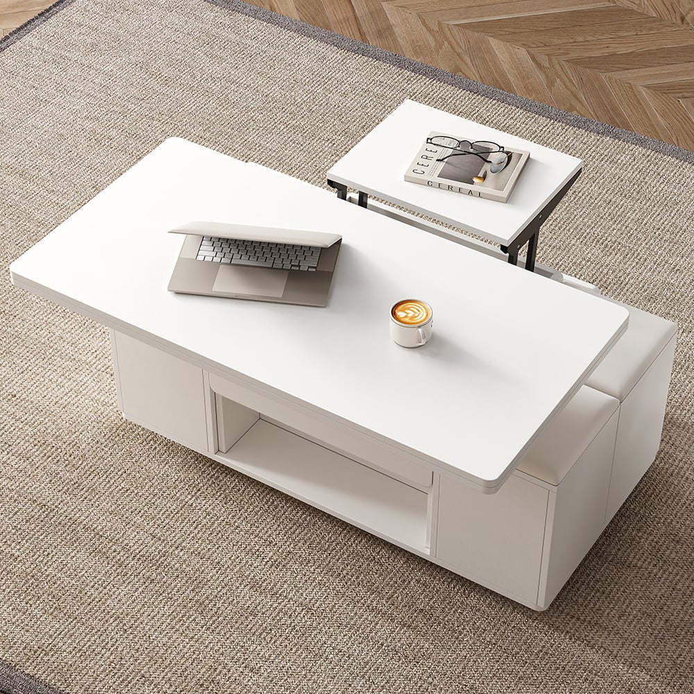 Modern White Lift Top Coffee Table 4 in 1 with Storage Ottoman Foldable and Casters