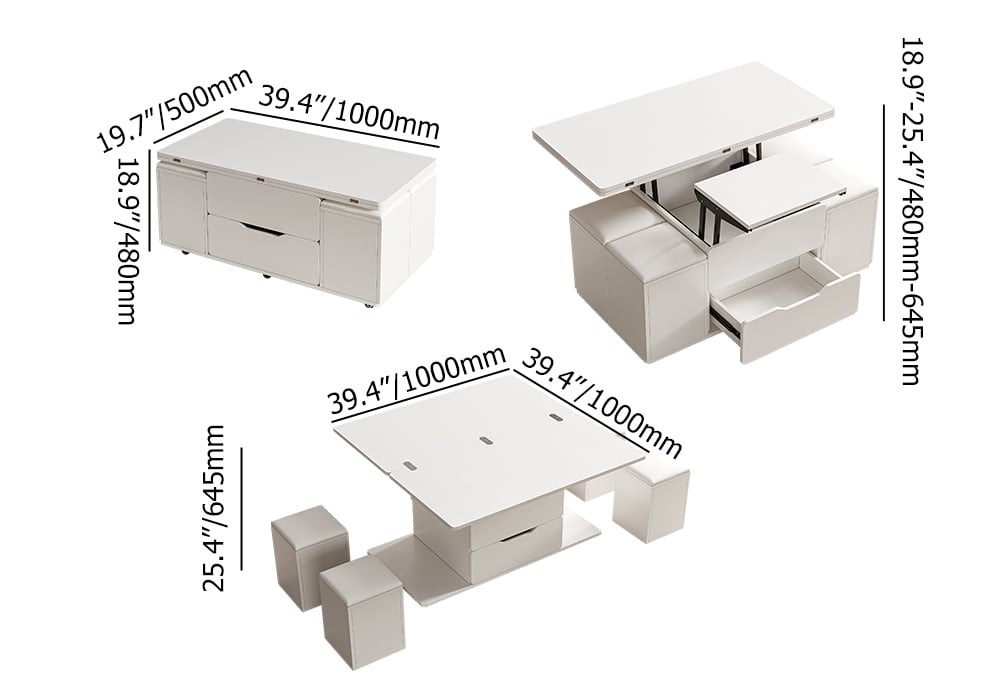 Modern White Lift Top Coffee Table 4 in 1 with Storage Ottoman Foldable and Casters