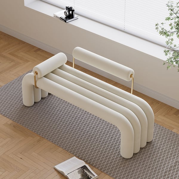 Modern White&Green&Brown Line Tufted Bench Velvet Upholstered Entryway Bench in Gold Finish#White