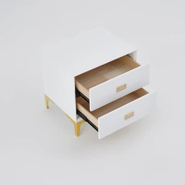 Modern White Nightstand 2 -Drawer Bedside Table in Gold Finish