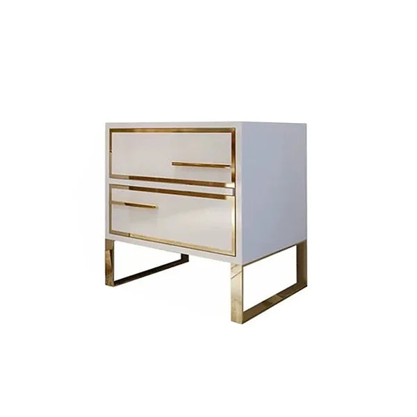 Table de chevet moderne laquée blanche à 2 tiroirs et pieds en acier inoxydable doré