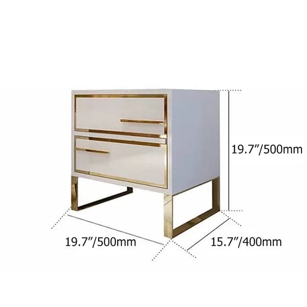 Table de chevet moderne laquée blanche à 2 tiroirs et pieds en acier inoxydable doré