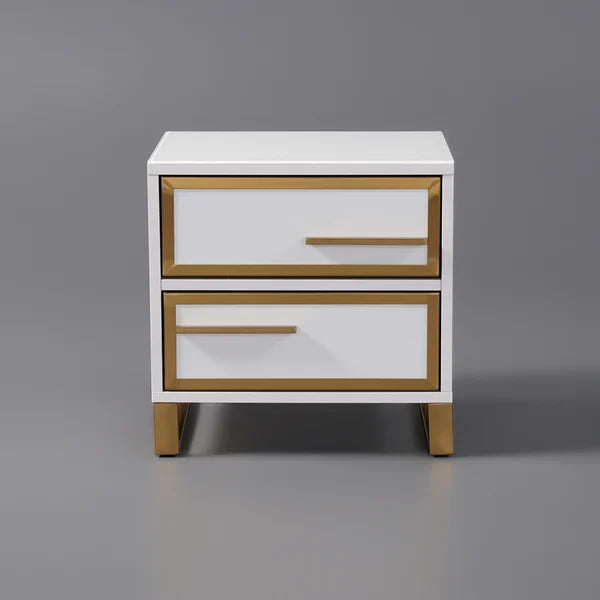 Modern White Nightstand Lacquered 2-Drawer with Golden Stainless Steel Legs