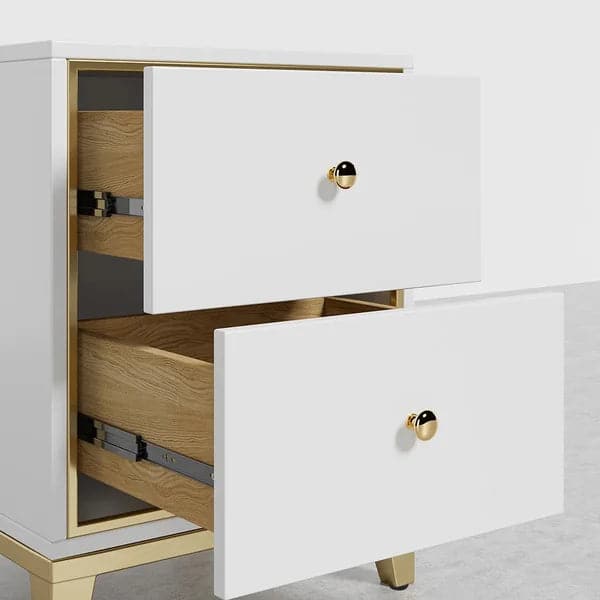 Modern White Nightstand with 2-Drawer and Gold Legs