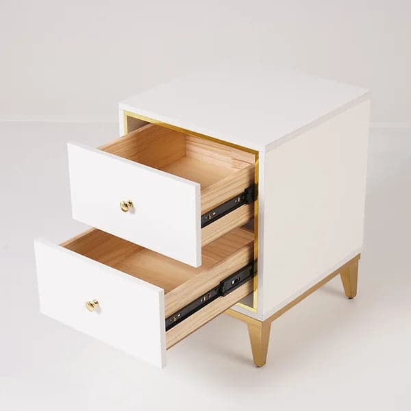 Table de chevet blanche moderne avec 2 tiroirs et pieds dorés
