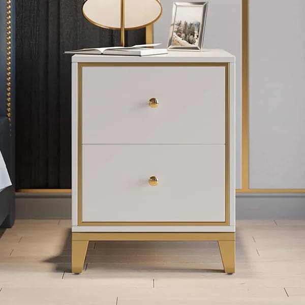 Modern White Nightstand with 2-Drawer and Gold Legs