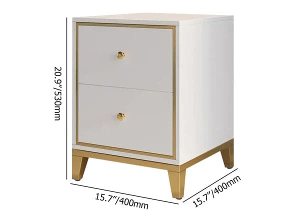 Table de chevet blanche moderne avec 2 tiroirs et pieds dorés