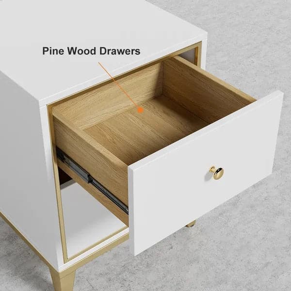 Modern White Nightstand with 2-Drawer and Gold Legs