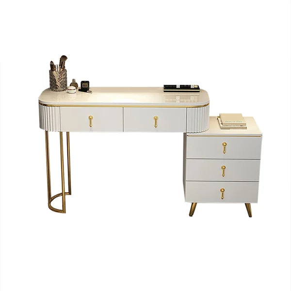 Modern White Oval Extendable Makeup Vanity with 5-Drawer Side Cabinet Included