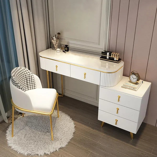 Modern White Oval Extendable Makeup Vanity with 5-Drawer Side Cabinet Included
